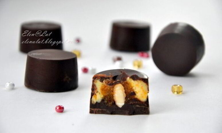 Рецепт шоколадных конфет с тыквенным кремом, мандариновым мармеладом и миндалем