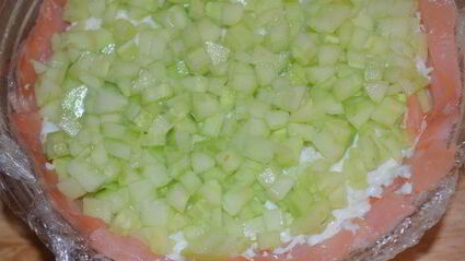 праздничный цукотто из форели с нежнейшим креветочным муссом, огурцом и сливочным кремом