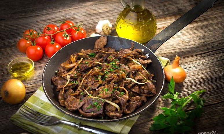 Рецепт печени говяжья, жаренная с луком