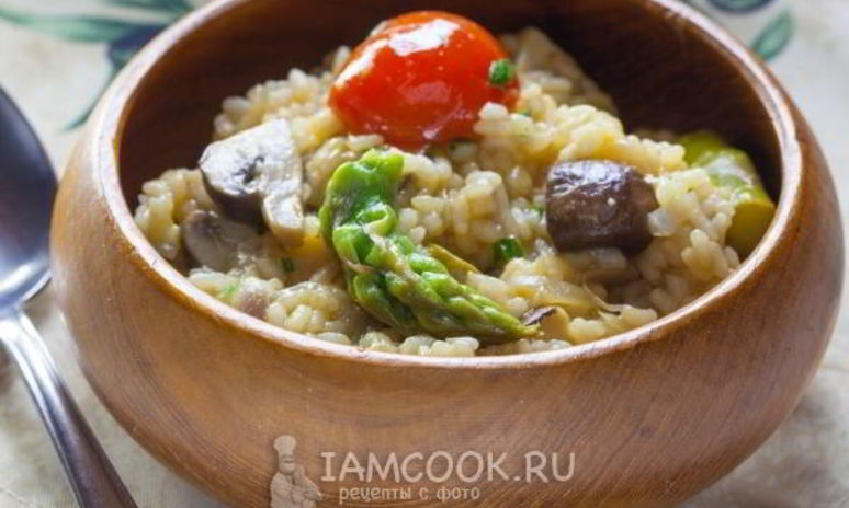 Рецепт постного ризотто со спаржей и шампиньонами