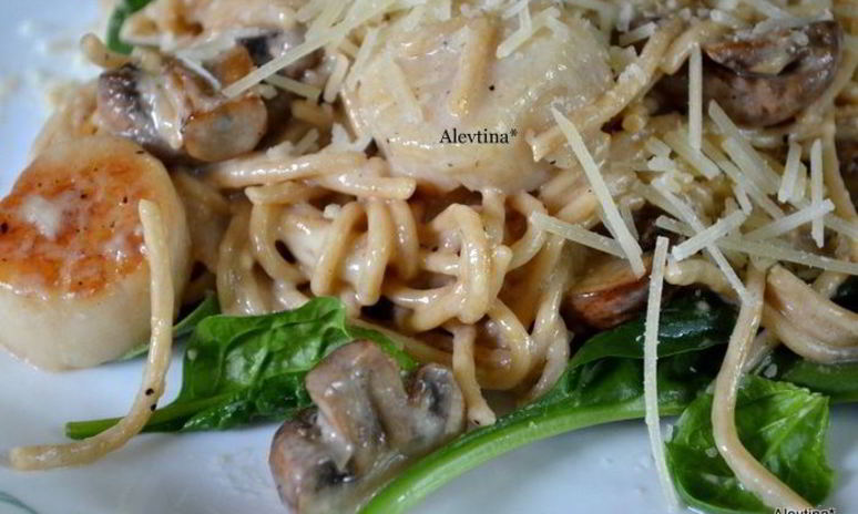 Рецепт гребешков с грибами и шпинатом