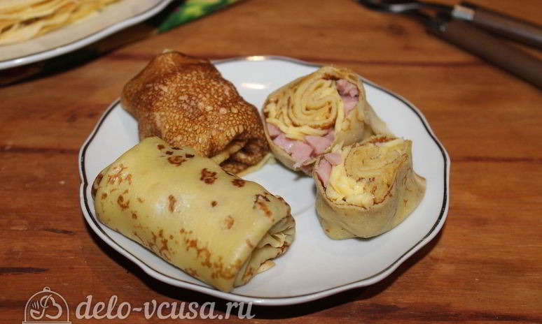 Рецепт блинов с ветчиной и сыром
