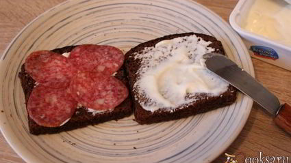 сендвич из ржаного хлеба с салями и помидором