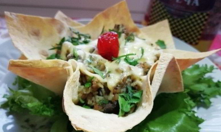 Рецепт гречи с печенью в корзинке из лаваша