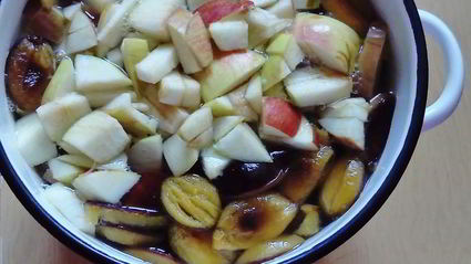 компот из свежих яблок, слив и клюквы