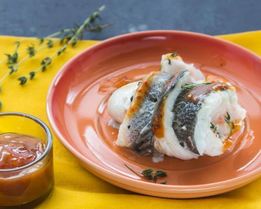 Рулеты из сибаса с креветками